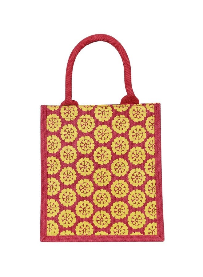 Jute Cottage Jute Bags for Lunch for Women and Men | Jute Grocery Bag | Jute Carry Bag | Jute Tiffin Bags | Jute Bags with Zip| Printed Jute Bag | Floral Print - Red - Image 3